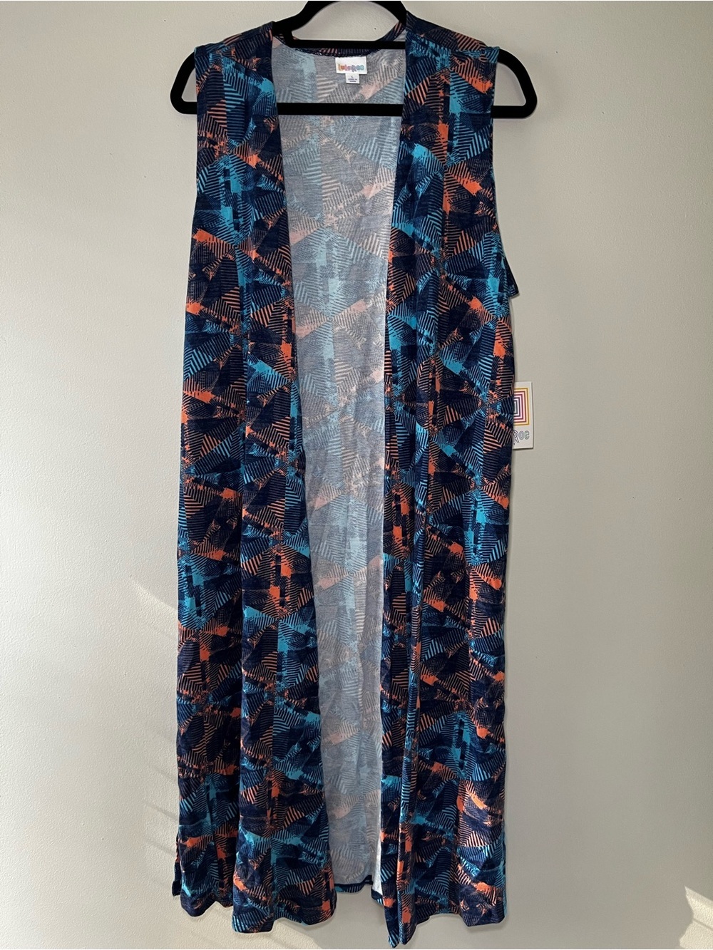 LuLaRoe Joy Sleeveless Long Vest in Navy, Teal & Coral Geometric Print